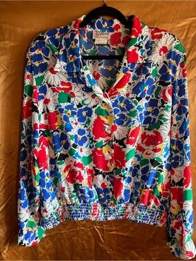 Vintage D’Aillards Floral Button-Front  - Floral Blouse Elastic Waist L